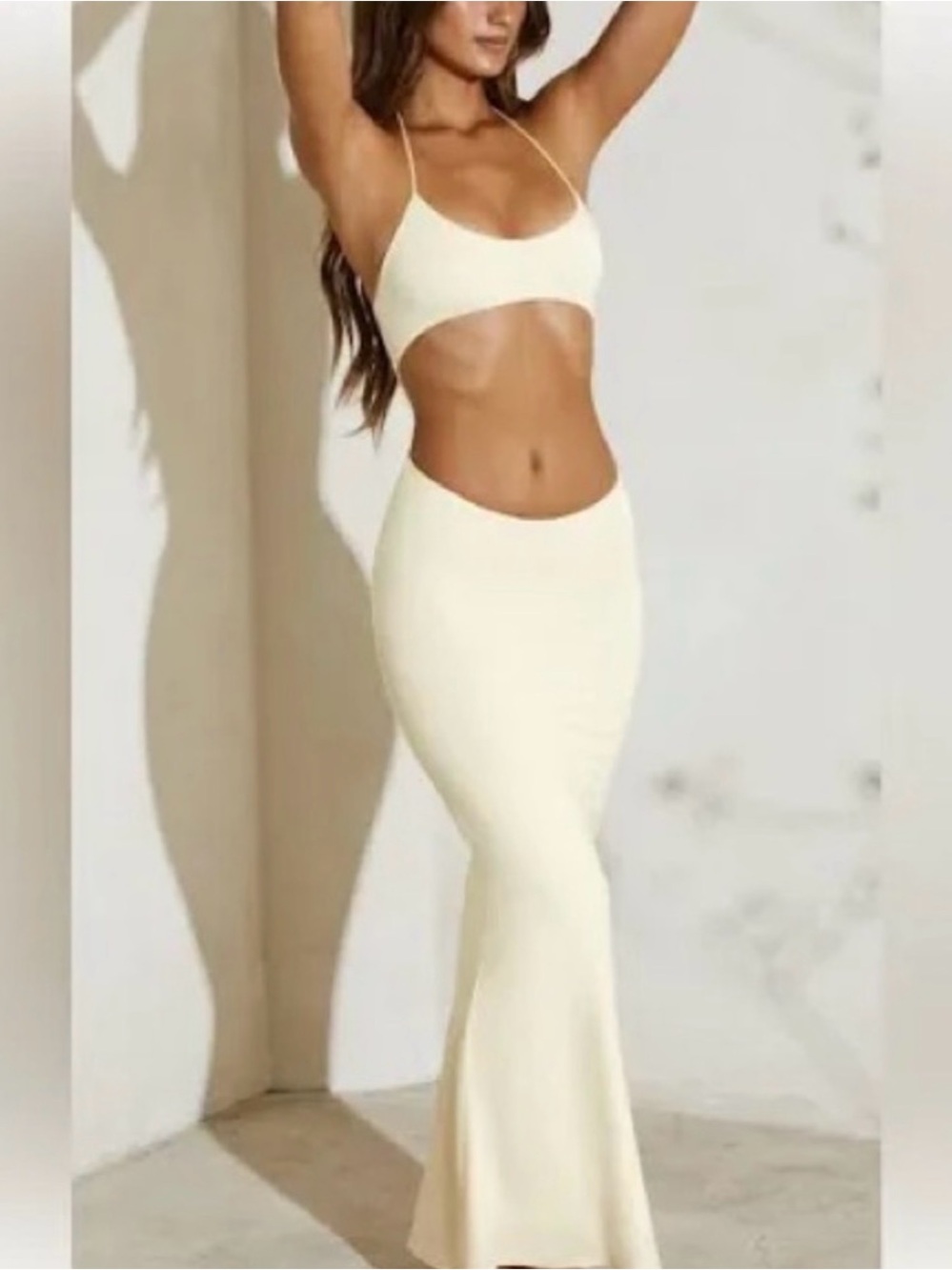 Ohpolly Women’s Cream Two-Piece connected  Crop Top & Skirt Set